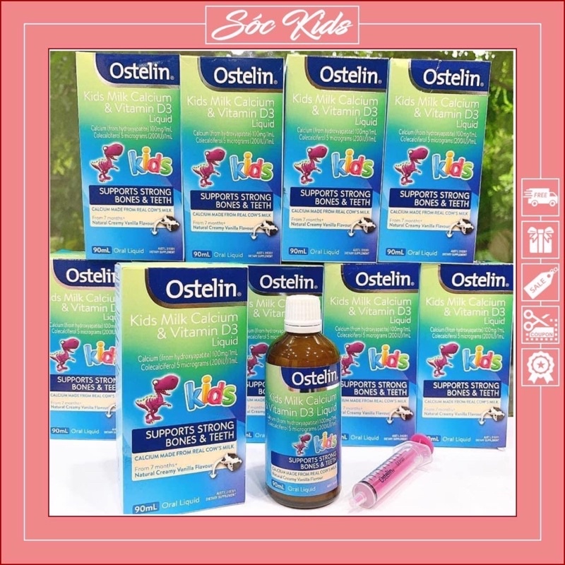 Ostelin Kids Milk Calcium &amp; Vitamin D3 Liquid Dạng Siro Cho Bé 7 Tháng Tuổi - CHUẨN ÚC | DATE 2024 | 90 ML | SÓC KIDS