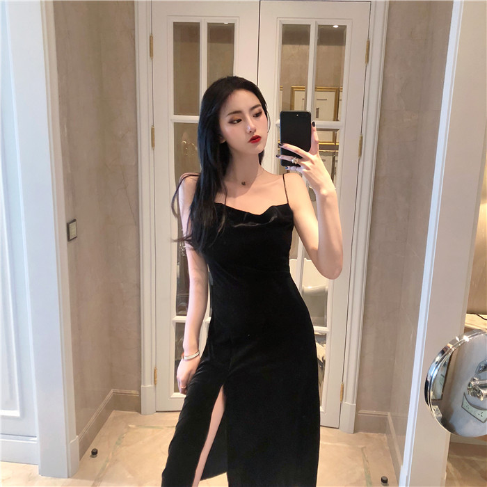 Xiaozhainv Đầm Nhung Hai Dây Xẻ Tà Gợi Cảm Thời Trang Hàn Quốc | BigBuy360 - bigbuy360.vn