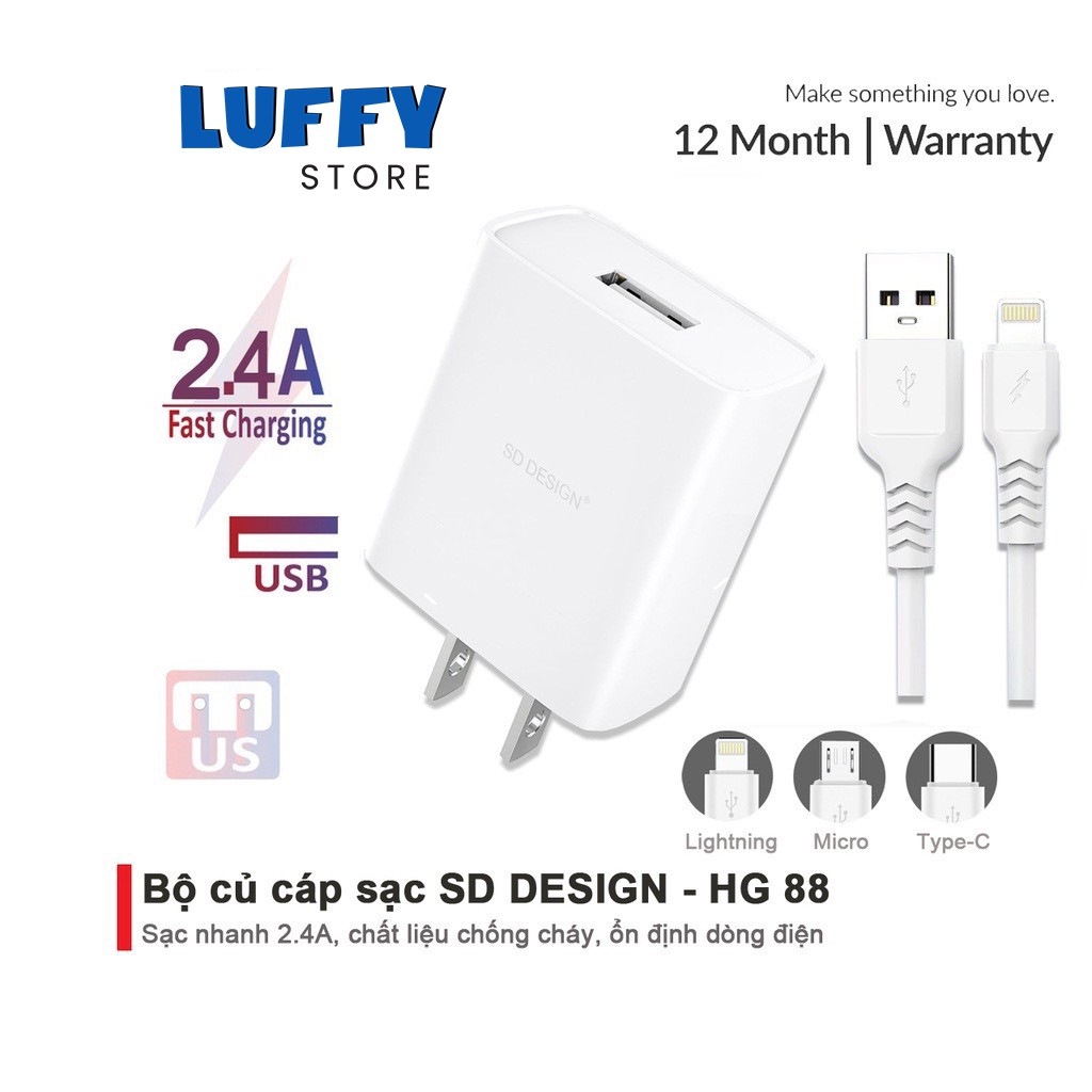 Bộ Củ + Cáp Sạc HG 88 chính hãng SD DESIGN sạc nhanh an toàn cho điện thoại iphone, samsung, oppo, xiaomi