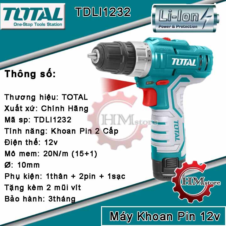 [Chính hãng] Máy Khoan dùng pin Li-ion 12V TOTAL TDLI1232- Máy khoan pin cầm tay 12v