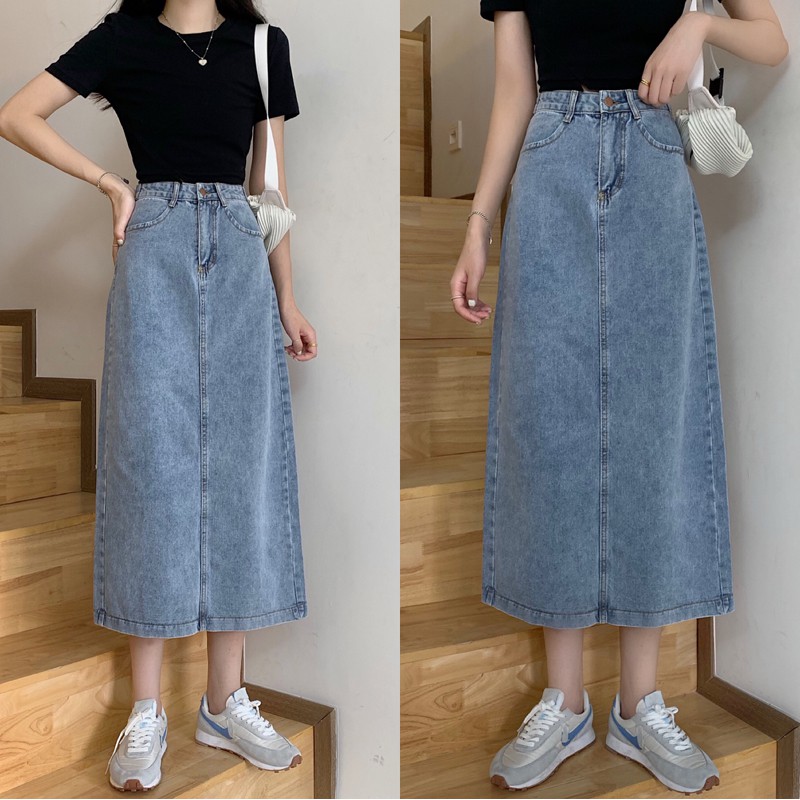 Kumi.vn chân váy dài denim bò cạp cao xẻ sau có cúc chỉnh eo màu xanh nhạt ulzzang Hàn Quốc | BigBuy360 - bigbuy360.vn