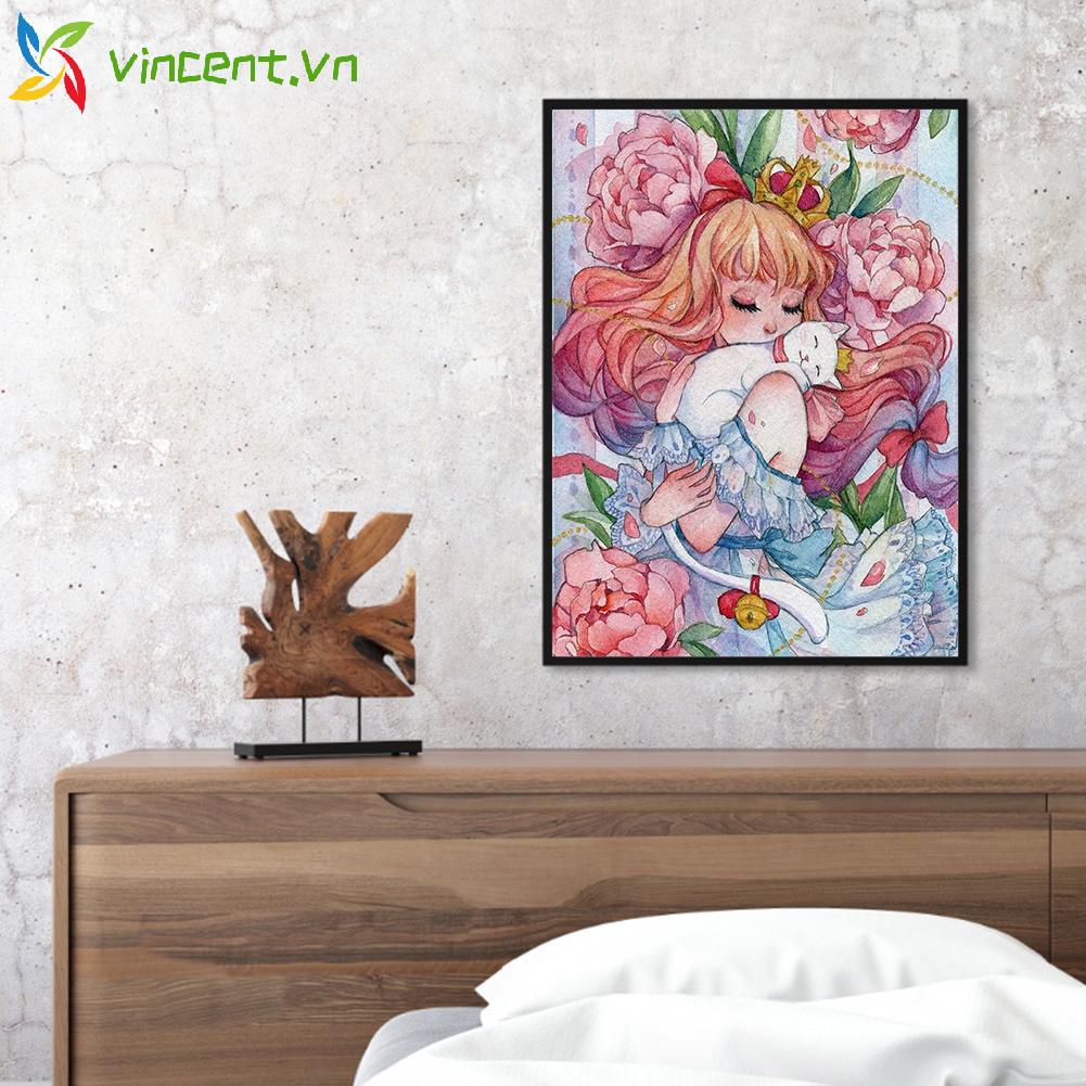 Tranh Thêu Chữ Thập DIY Hình Cô Gái Và Hoa Trang Trí