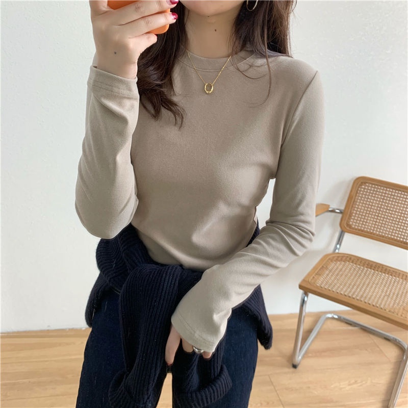 Áo thun tay dài cổ tròn lót nhung thời trang thu đông mới cho nữ 2021