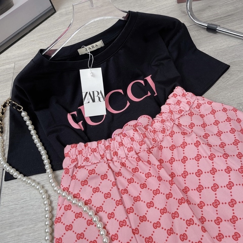 Set áo cotton thêu gấu và quần sooc đùi kaki Bộ đùi mặc ở nhà Bộ ngủ