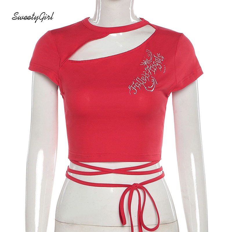 Áo Croptop Cổ Tròn Tay Ngắn Dáng Ôm Thêu Chữ Thời Trang Cho Nữ