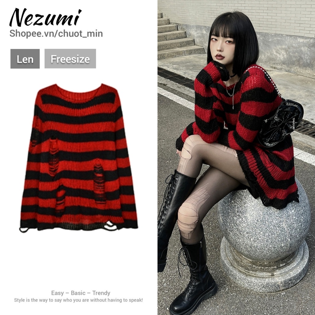 (Sẵn tím ombre, đỏ ombre, xanh lá ombre, đỏ đen, xám đen) Áo len dài váy kẻ ngang rách gấu tạo layer Châu Âu Lady Ghost