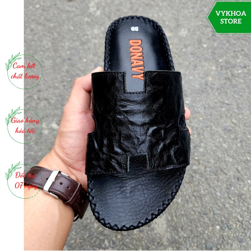 Dép Quai Ngang Nam Da Bò 100% Chữ H Đế May Chữ X Chắc Chắn