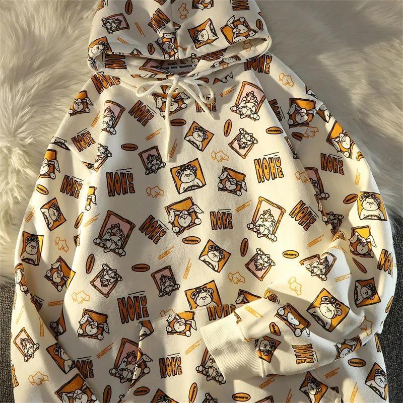 American style retro cartoon American style retro cartoon rabbit bear cartoon hooded hooded sweater for girls