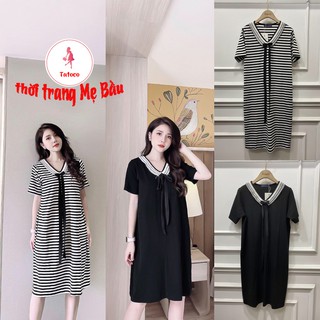 Váy bầu thun cổ nơ siêu co giãn new 2 màu max xinh ( hàng loại 1 +hình thật) mặc được trước và sau sinh