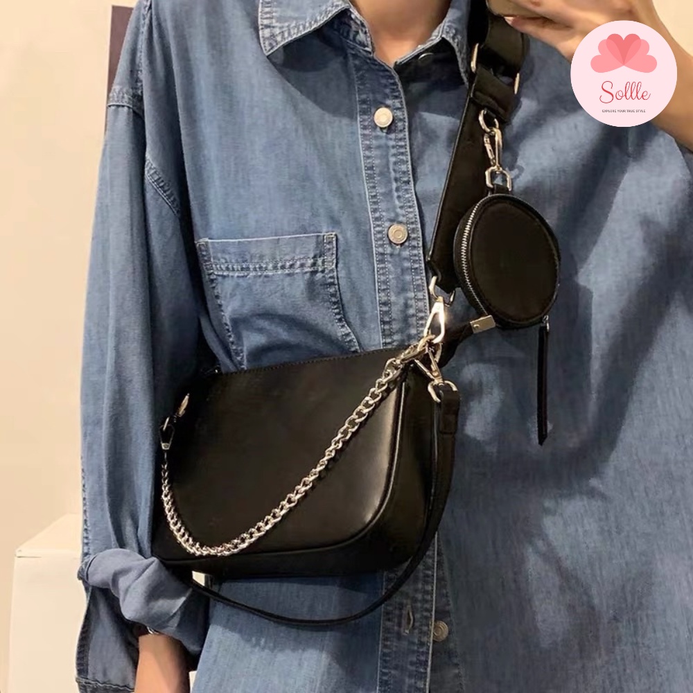 Set Túi bao tử đeo chéo dây xích da PU kèm ví mix nhiều kiểu dễ phối đồ cá tính Sollle