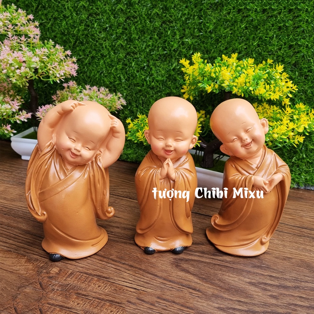 Bộ 03 tượng chú tiểu an nhiên áo nâu - mẫu đứng 16.5cm