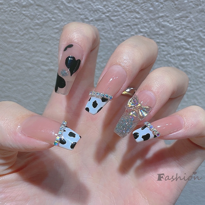 [Hàng mới về] Bộ 24 móng tay giả họa tiết bò sữa thời trang làm đẹp cho nữ