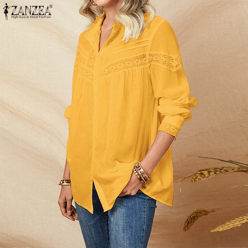 Áo sơ mi ZANZEA dài tay cổ bẻ phối ren phong cách Châu Âu thời trang cho nữ