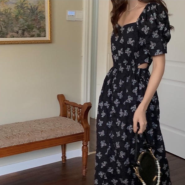 ZHELIHANGFEI Váy hoa nơ ngắn tay eo thon gọn váy dài