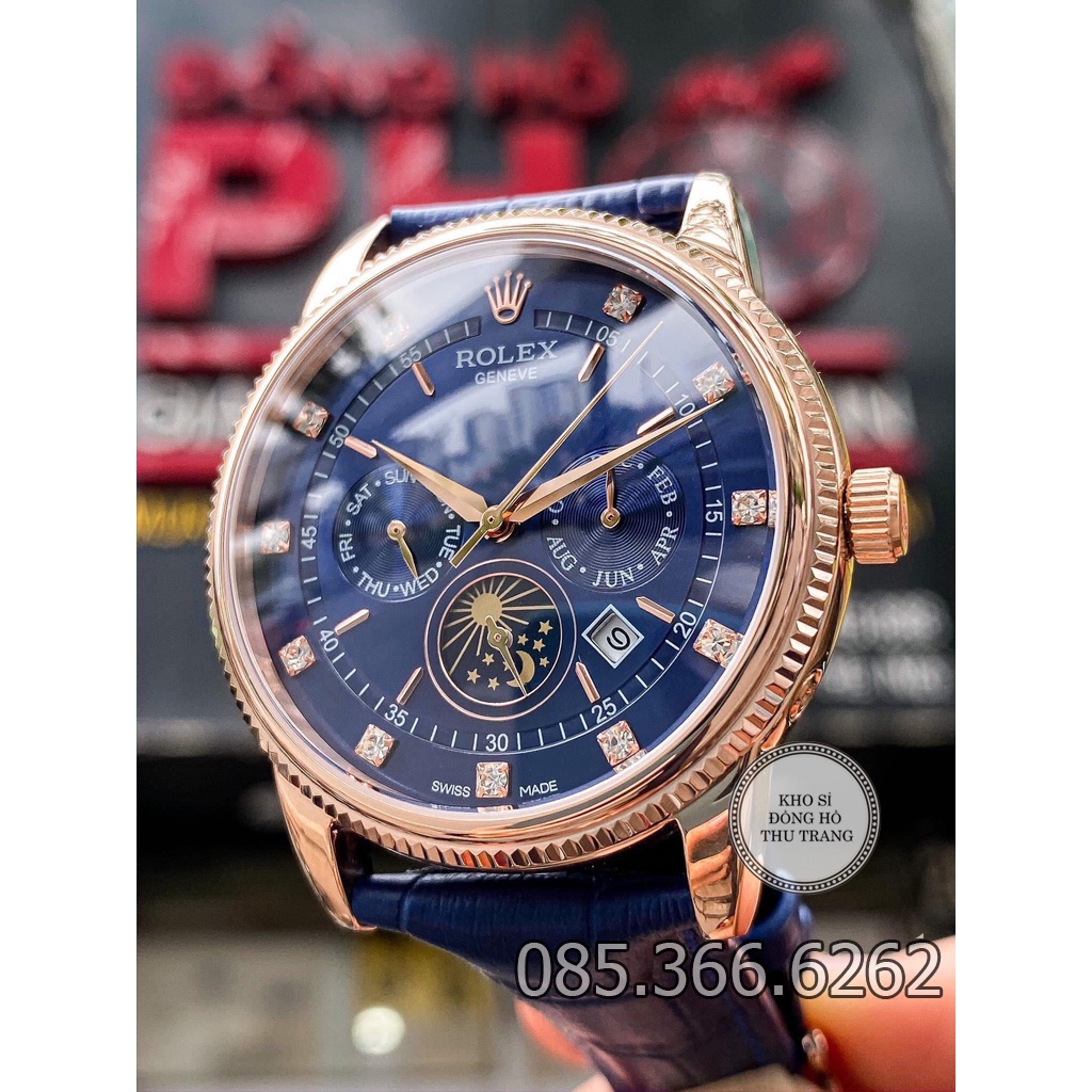 Đồng hồ nam Rolex máy Nhật mẫu 6 kim cơ Automatic xanh viền vàng dây da size 40-41mm