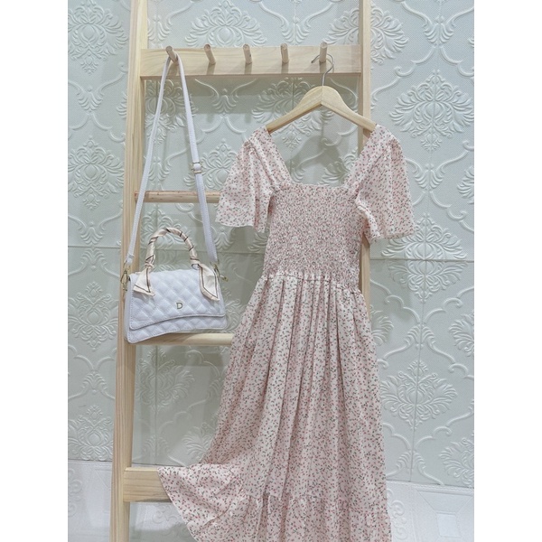 Váy hoa nhí cổ vuông bo chun ngực