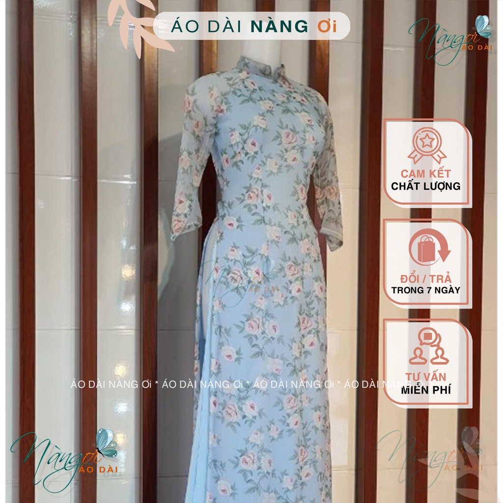 Áo Dài Hoa Nhí 4 Tà Xanh Hoa Hồng Truyền Thống Lụa Tơ Hoa Đẹp