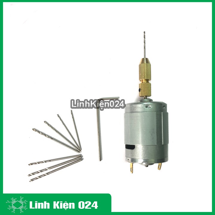 Khoan mini siêu khỏe chế từ động cơ 335 và phụ kiện V1 (01 đầu kẹp 2315, mũi khoan 0.8-1.0-1.2-1.5mm mỗi loại 2 chiếc)