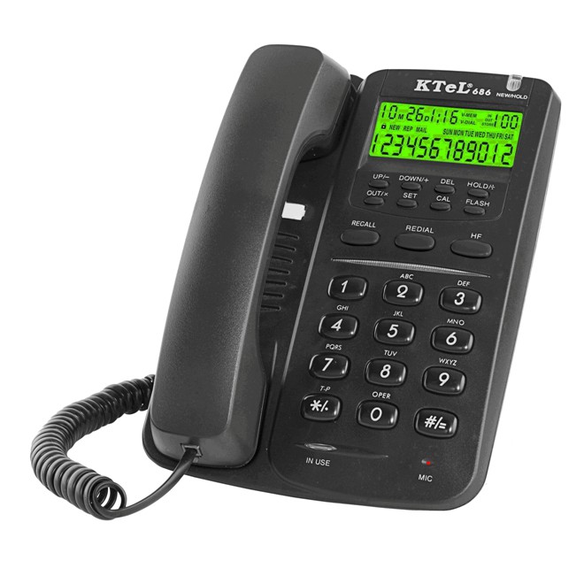 Điện thoại văn phòng, điện thoại khách sạn, gia đình, loại có dây để bàn, có màn hình hiện số gọi tới. 686