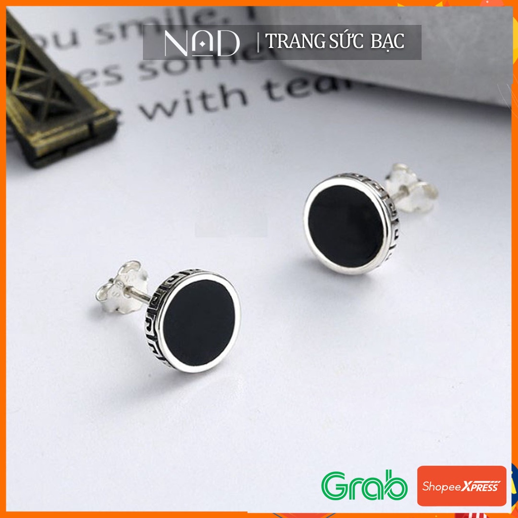 Khuyên tai nam khuyên tai nữ khuyên tai bạc nụ khắc viền đá đen 1 chiếc độc đẹp hiếm mẫu lạ siêu HOT không đụng hàng