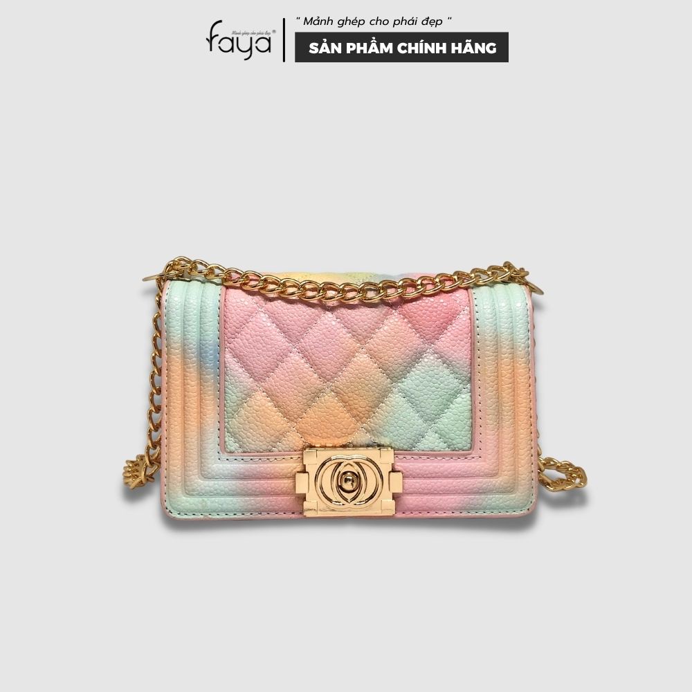 Faya - Túi xách đi tiệc chần ô ombre cầu vồng sang trọng T1125