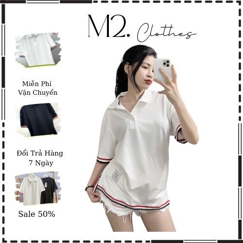 Áo thun nam nữ polo, áo đôi cổ bẻ viền gấu Thom chất cotton 2 màu đen trắng hottrend M2.clothes