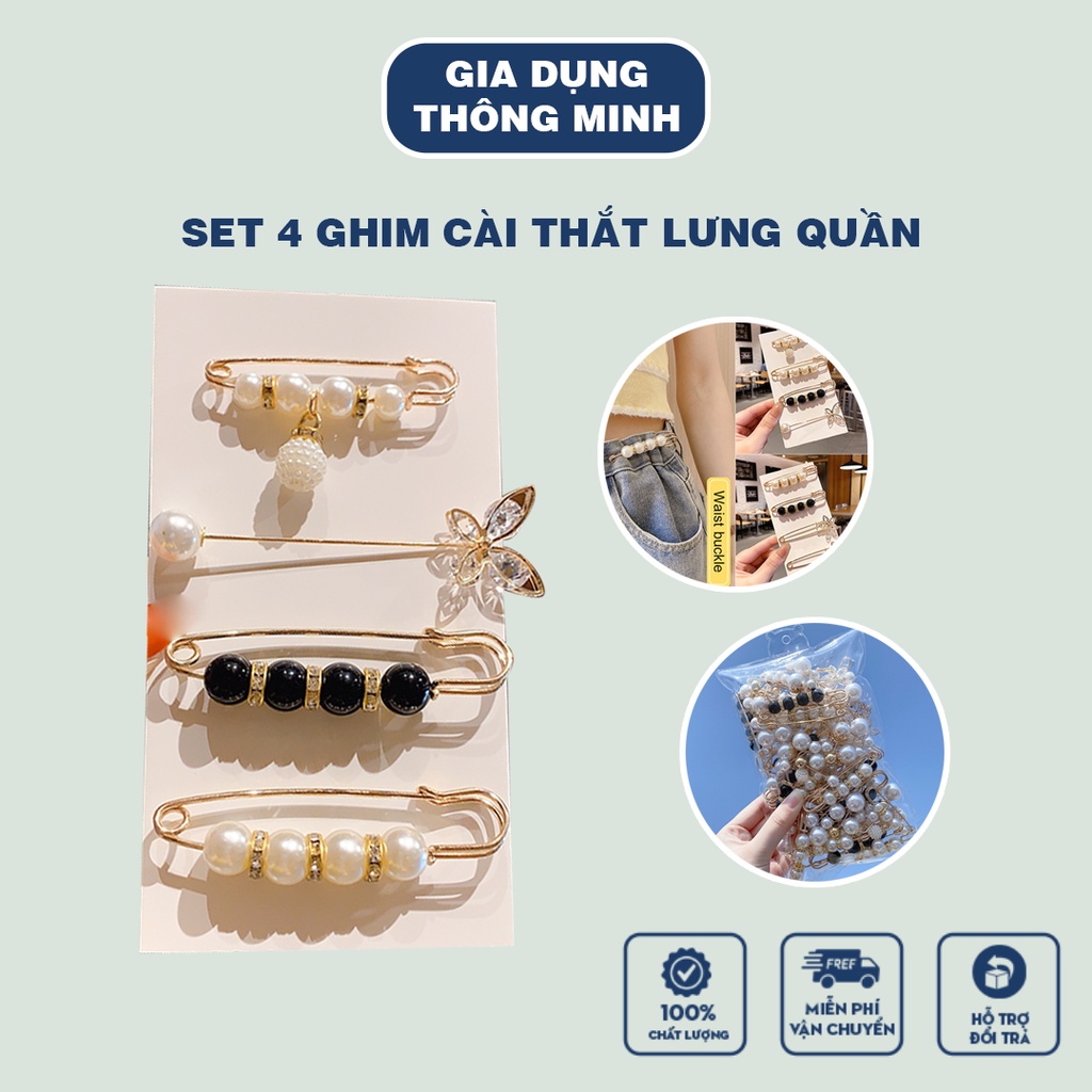 Set 4 ghim cài thắt lưng quần đính ngọc trai giả sang trọng thời trang dành cho nữ