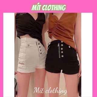 Quần short phối nút và dây kéo kiểu rách bên hông