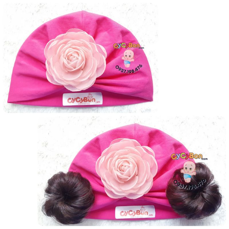 Mũ Nón Turban Tóc Giả Cho Bé Gái Màu Hồng Đậm Đính Bông Hồng Ruốc Vải Cotton Co Giãn,cósizebé sơ sinh