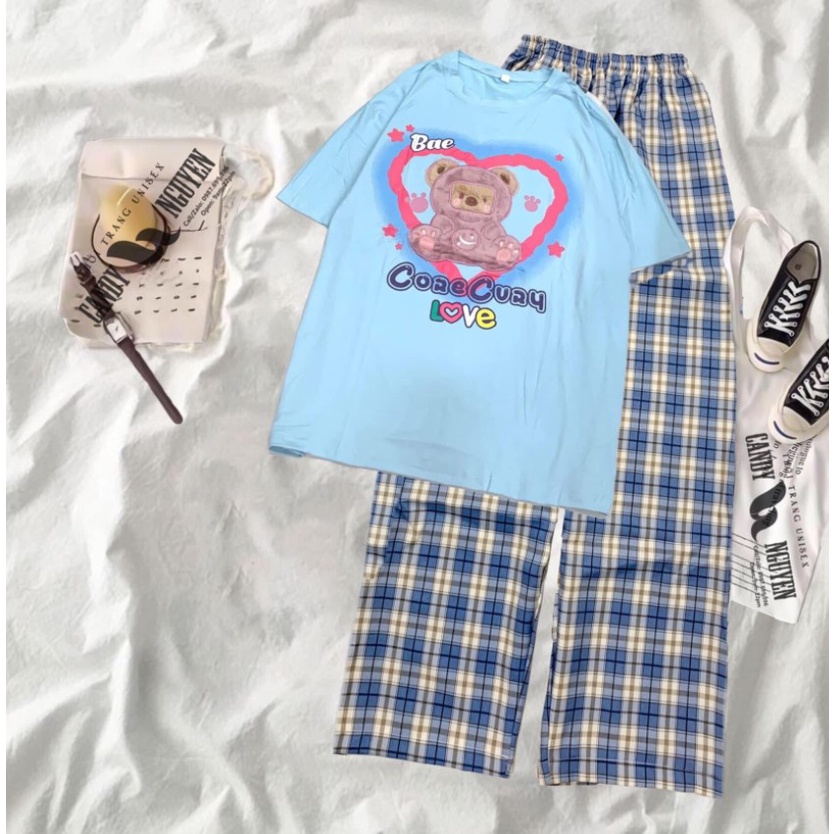 [FREESHIP ĐƠN TỪ 50K] Sét áo phông gấu Bea Love xanh + quần