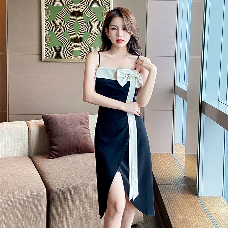 Đầm Hai Dây Màu Tương Phản Phối Nơ Thời Trang Mùa Hè Sang Trọng Cho Nữ