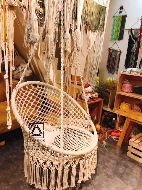 Ghế đu Macrame người lớn ảnh thật tặng gối lót tròn và móc treo ( không bao gồm khung treo)