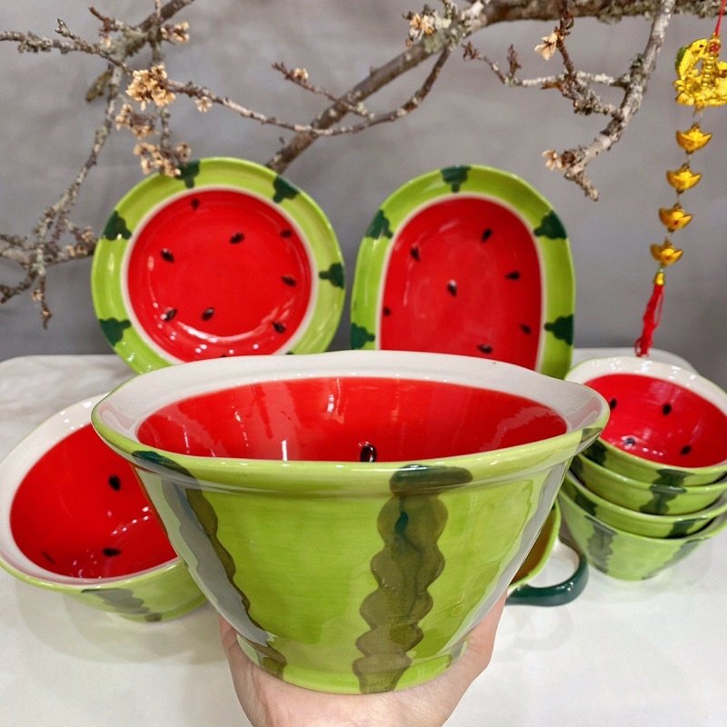 Bộ bát đĩa gốm sứ decor dưa hấu siêu đẹp