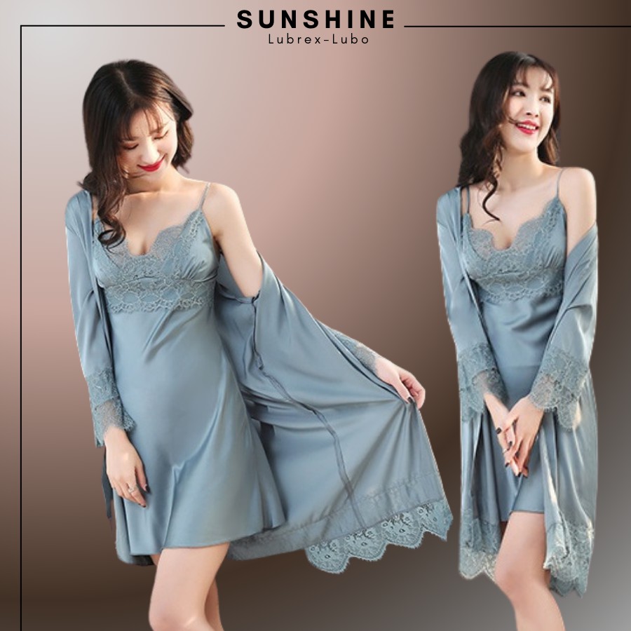 Váy Ngủ Lụa Kèm Áo Choàng Ngủ Lụa Cao Cấp CÓ MÚT NGỰC MÀU XANH SUNSHINE MNT560