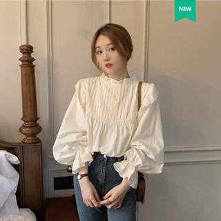Áo sơ mi nữ cổ điển kiểu pháp dài tay xếp ly cổ ren nhẹ nhàng, Áo kiểu nữ màu trắng be cực xinh -CKA139