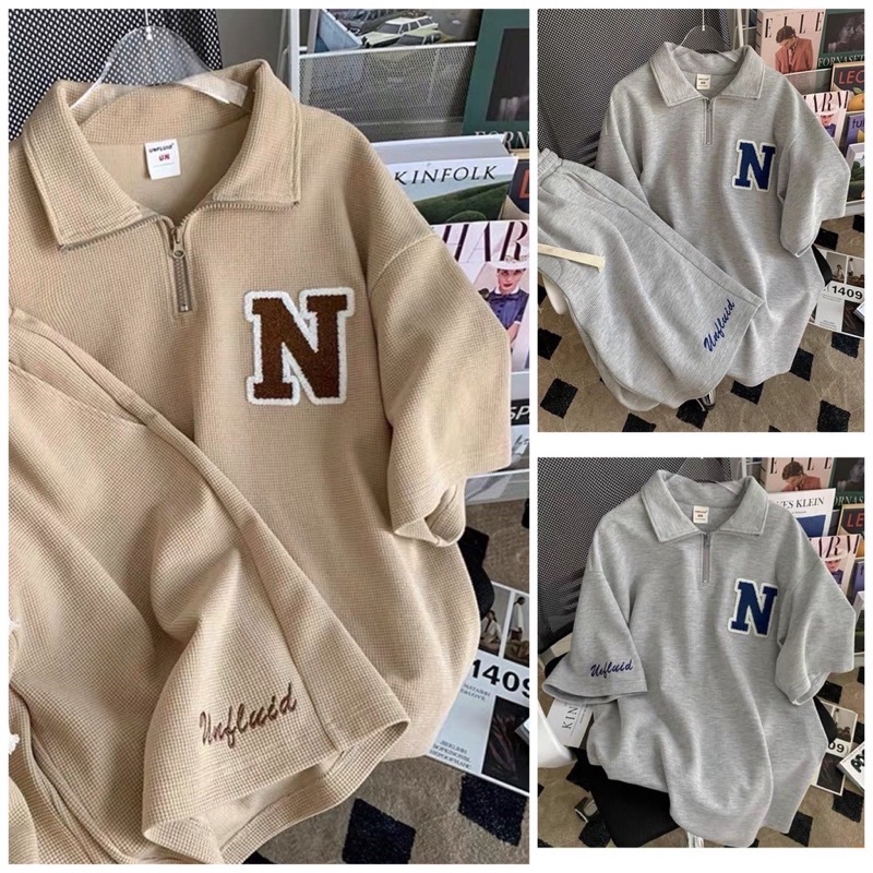 [ nặng 1kg ] Set đồ nữ form rộng unisex, áo kèm quần short đùi thêu logo chất liệu cotton tổ ong