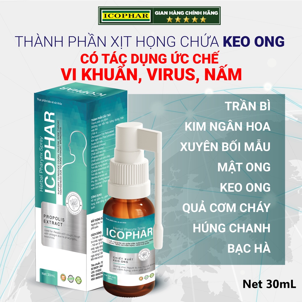 [DATE 2027] Xịt họng giảm ho Herbal Pharynx ICOPHAR - Chai 30mL - Giảm ho, giảm đờm, giảm đau rát họng, ngứa họng