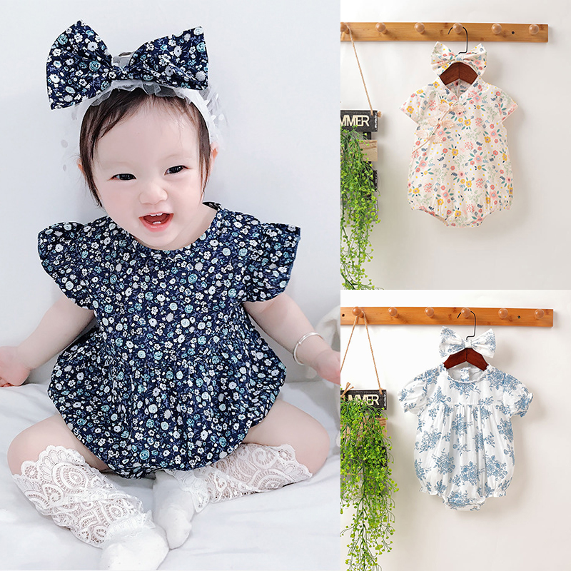 Set áo liền quần + băng đô trang trí tóc in họa tiết hoa dành cho bé gái