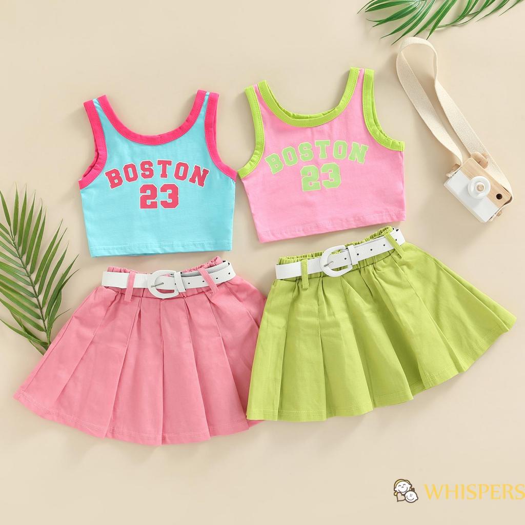 WHISPERS-Toddler Girls Set Letter Print Sleeveless Tank Tops + Solid Color Pleated Skirts + Waist Belt Summer