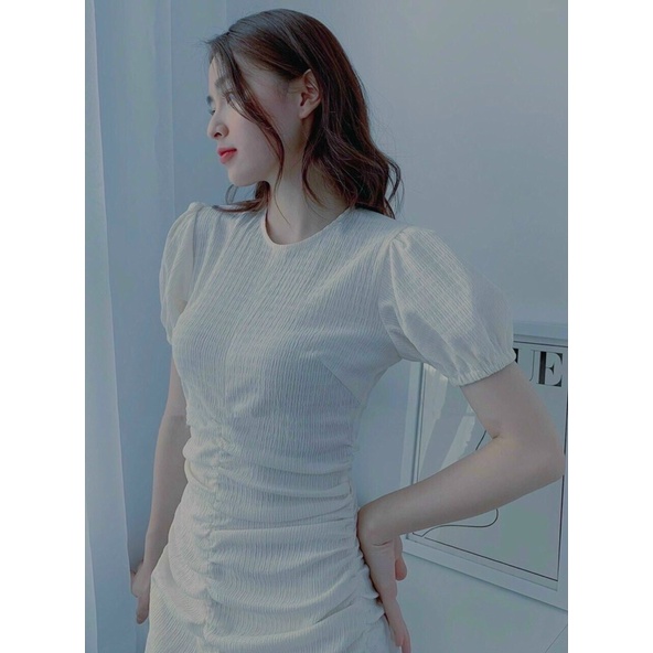 Đầm công sở tiểu thư nhún eo chất xốp vân nổi xinh xinh