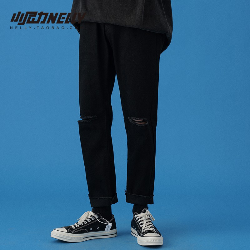 Quần baggy nam nữ đen rách gối , quần jeans ống rộng , dáng xuông , không phai màu phong cách Hàn Quốc | BigBuy360 - bigbuy360.vn