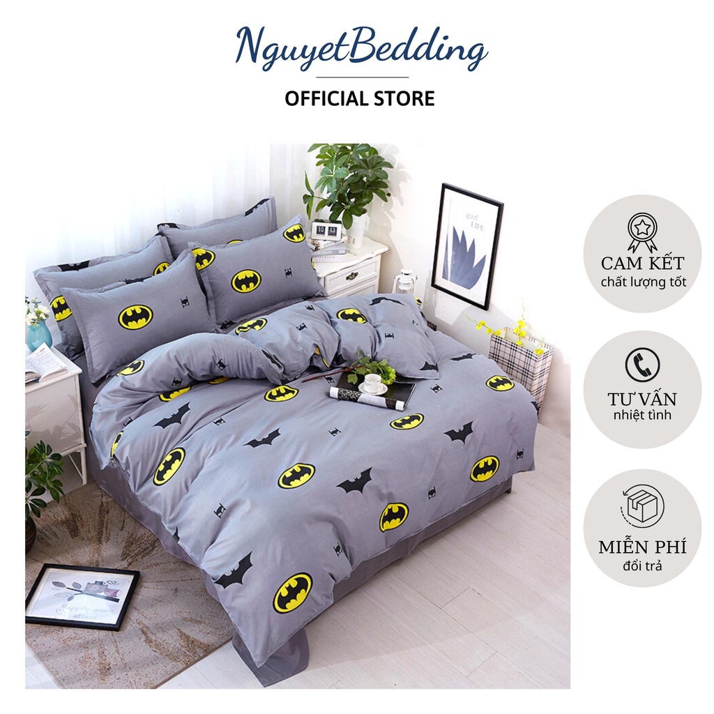 Ga gối Poly Cotton, Bộ ga kèm 2 vỏ gối 45x65cm mẫu Batman Hàng Y Ảnh, ga gối NguyetBedding