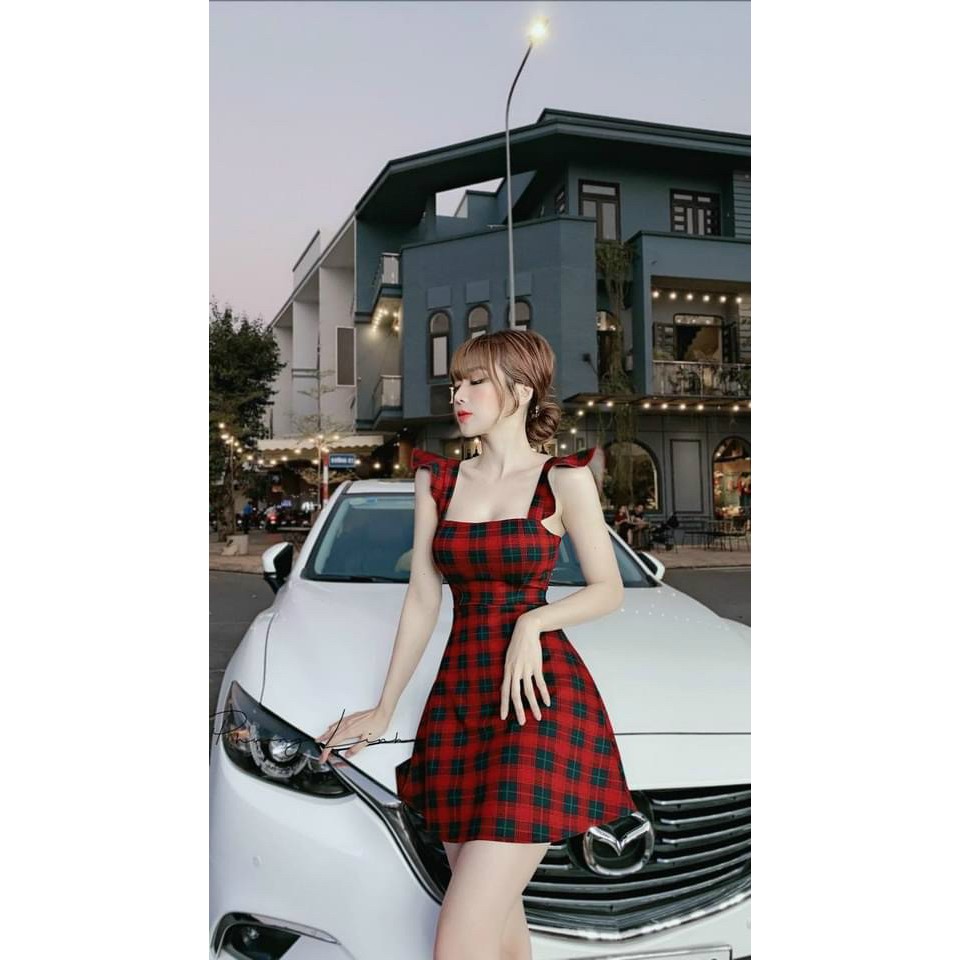 váy nữ kẻ caro tay cánh tiên phong cách tiểu thư babydoll hình thật cuối | BigBuy360 - bigbuy360.vn