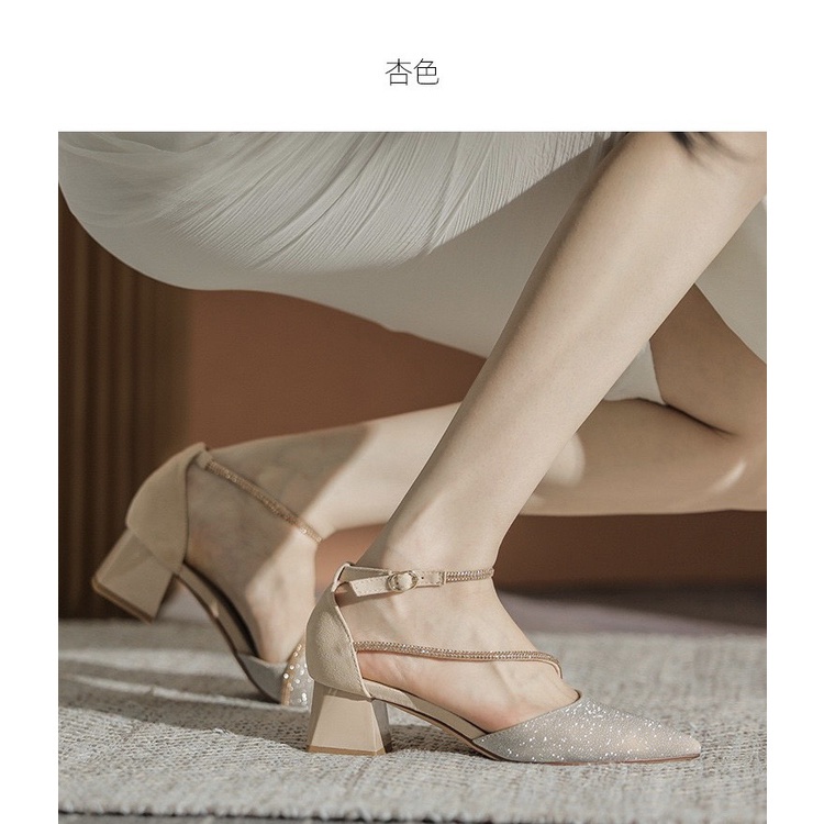 Giày sandal cao gót mũi nhọn đính đá gót vuông phong cách Hàn Quốc (782)