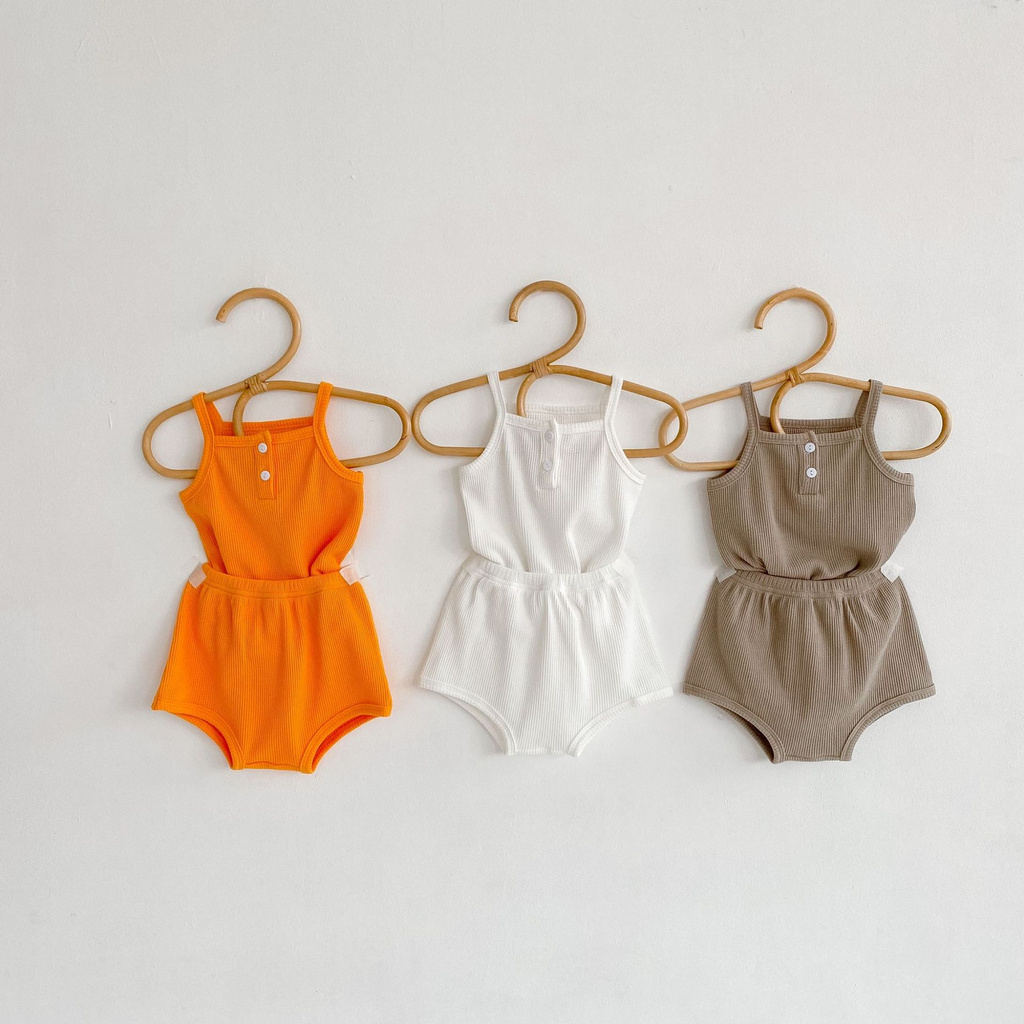 Bộ Đồ 2 Món Gồm Áo Hai Dây Màu Sắc Trơn + Quần Short Phong Cách Hàn Quốc Thời Trang Mùa Hè Cho Bé Sơ Sinh