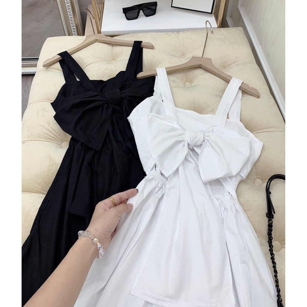 Váy đầm nữ 2 dây buộc nơ lưng trắng đen dáng suông dài cổ vuông freesize phom rộng đi biển du lịch hở lưng sexy C306 | BigBuy360 - bigbuy360.vn
