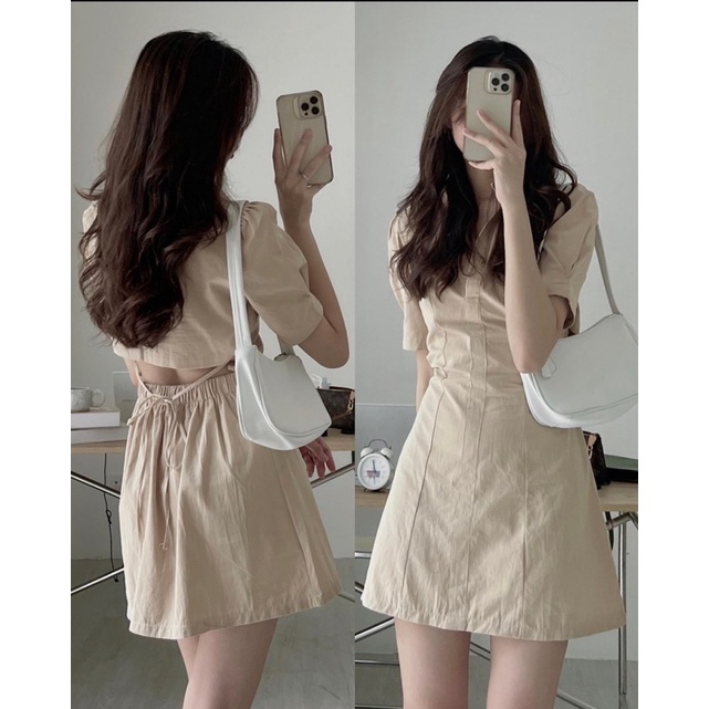 (Có Sẵn) Váy sơ mi thô mềm hở lưng chun sau đan dây