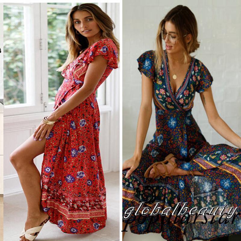 FREESHIP ĐƠN 50K_ ♪TY★Đầm maxi hoa tay ngắn cổ chữ V xẻ tà thời trang cho nữ