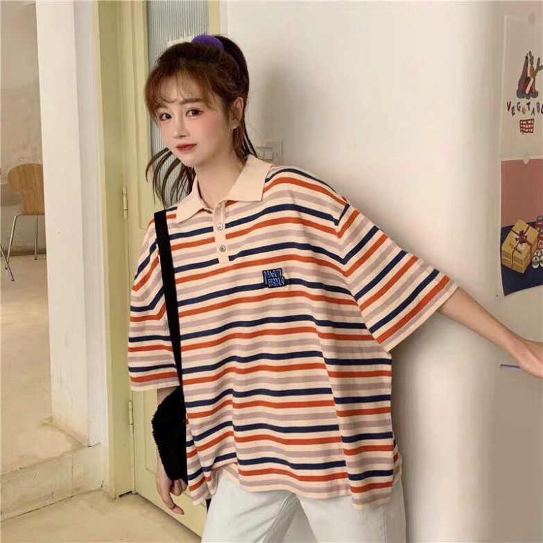 Áo Phông Polo Kẻ Sọc Hồng Unisex 🦋 Áo Thun Cổ Bẻ Tay Lỡ Dáng Rộng