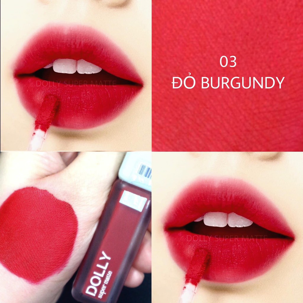 Son kem lì màu đỏ BURGUNDY Dolly super matte, son kem lì không chì bền màu lâu trôi, mua 2 cây tặng 1 hộp đựng cao cấp